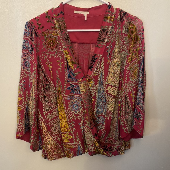 Anthropologie Floreat Velvet Japonica Wrap Blouse Magenta Gold Silk Size Medium - Picture 2 of 6